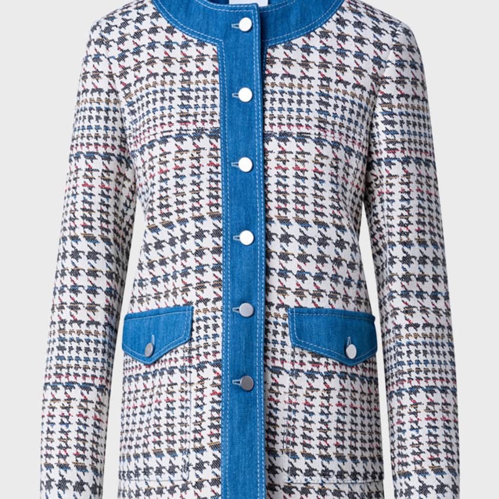 Akris Punto denim trim houndstooth Jacquard collarless Jacket 8 - Picture 4 of 11
